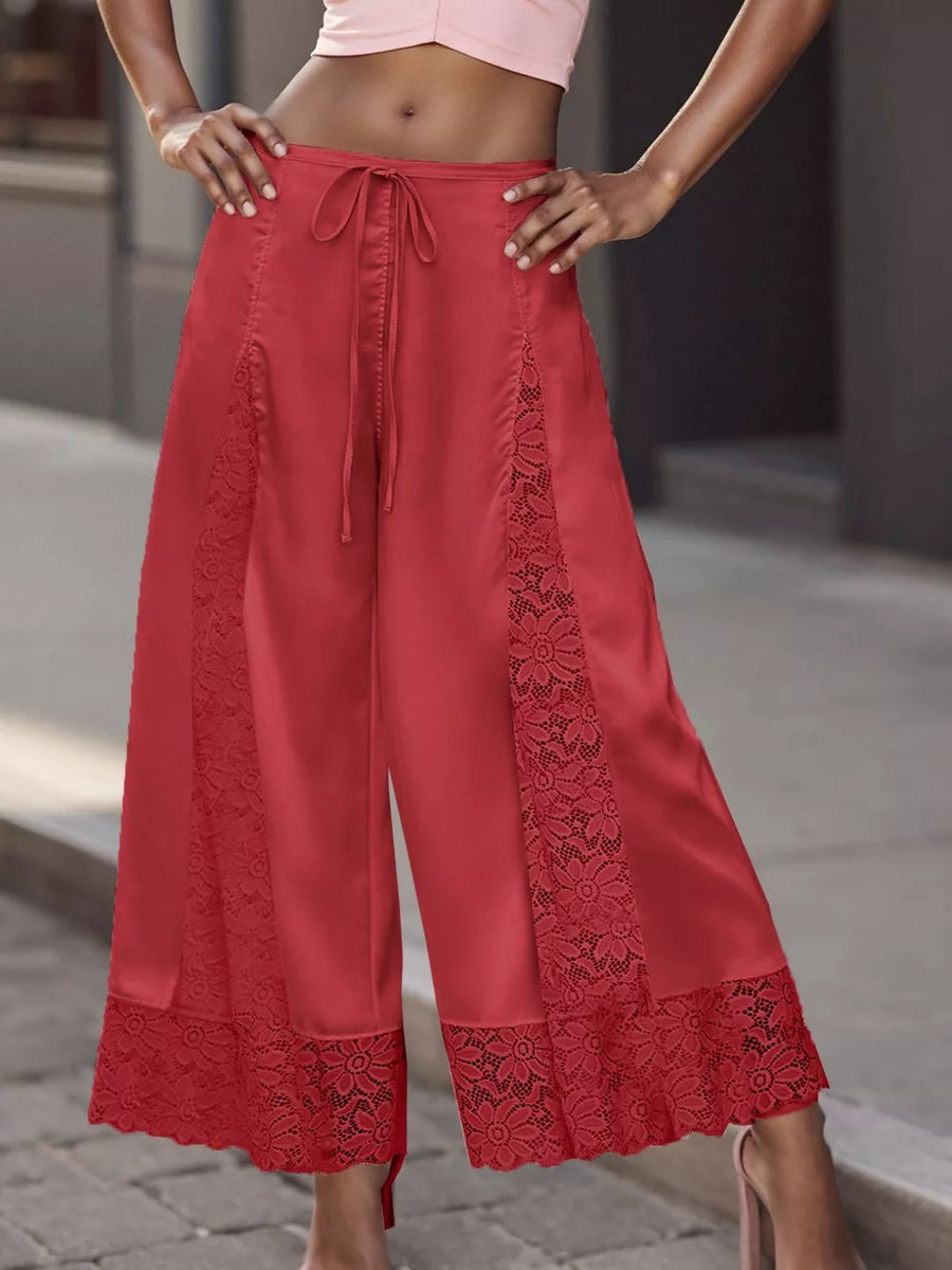 Green Lace Trim Wide-leg Cropped Pants
