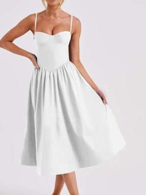 midi dress in white featuring zipper and fit-and-flare fit