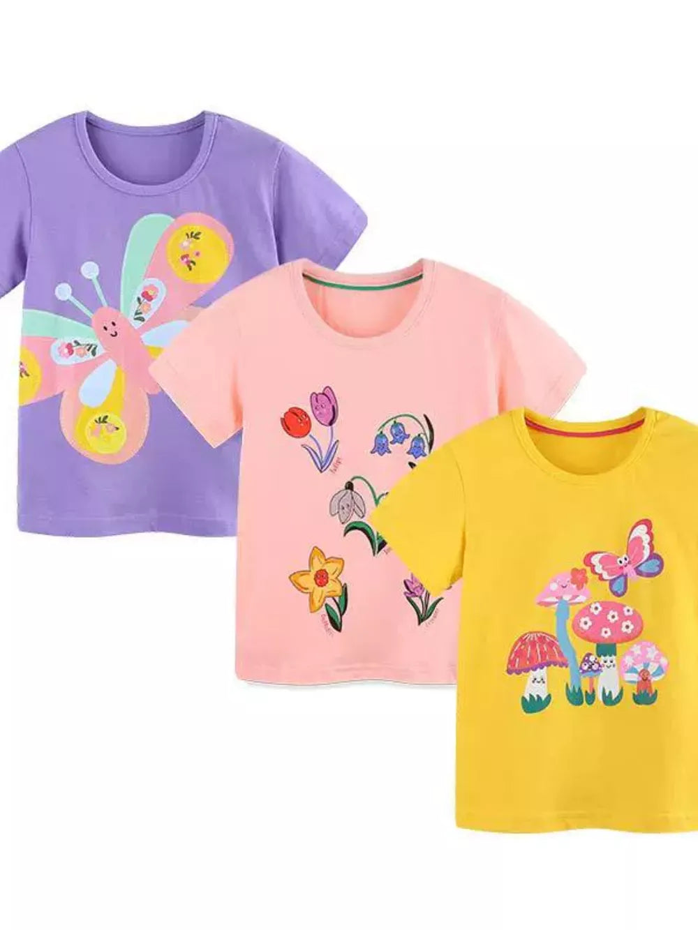 Toddler cotton crew neck t-shirts in purple, pink, and yellow with butterfly, flower, and mushroom prints.