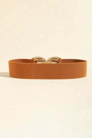Caramel elastic belt with sculptural gold alloy buckle