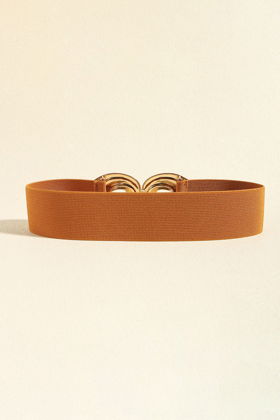 Caramel elastic belt with sculptural gold alloy buckle