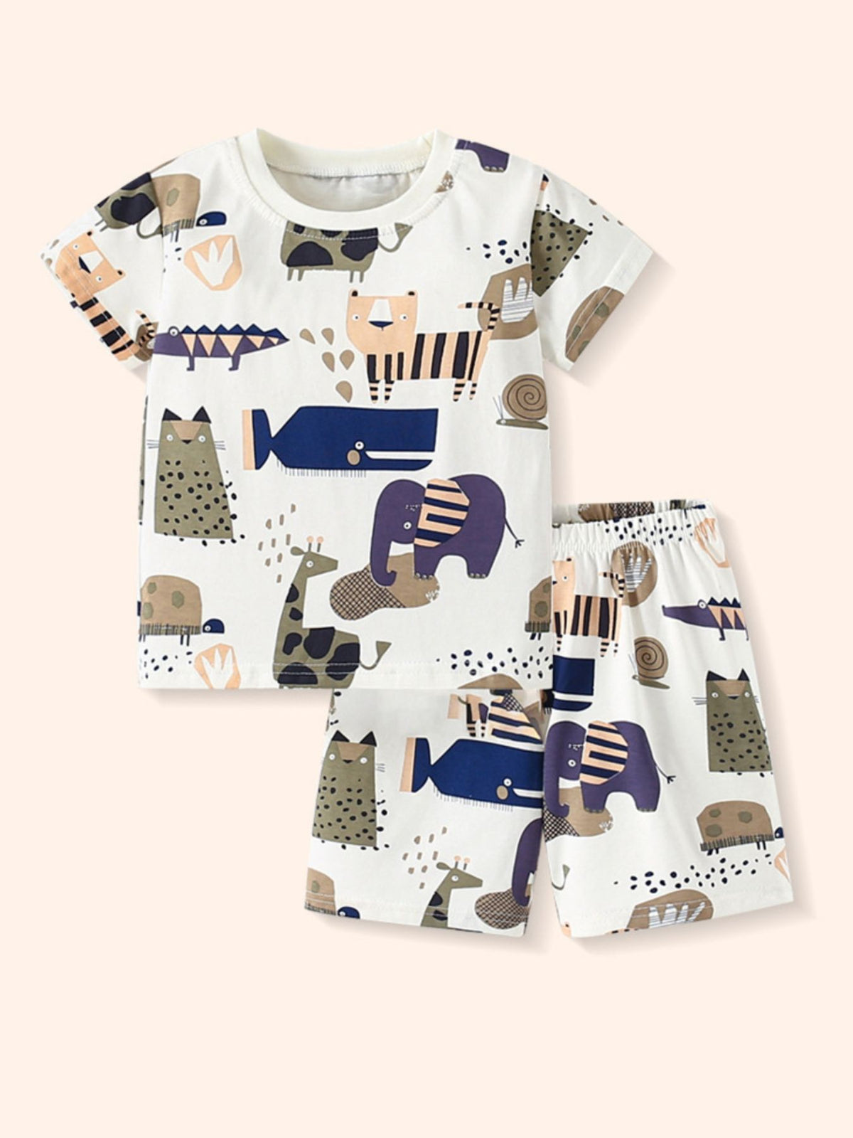 Toddler cotton crew neck set with playful animal print in beige, featuring a short sleeve top and shorts.