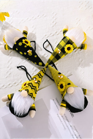 Yellow bee-themed gnome ornaments with sunflowers and plaid patterns.