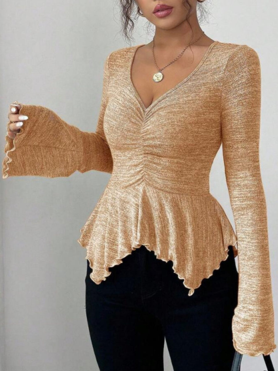 Pink peplum top with ruffled and bell sleeve