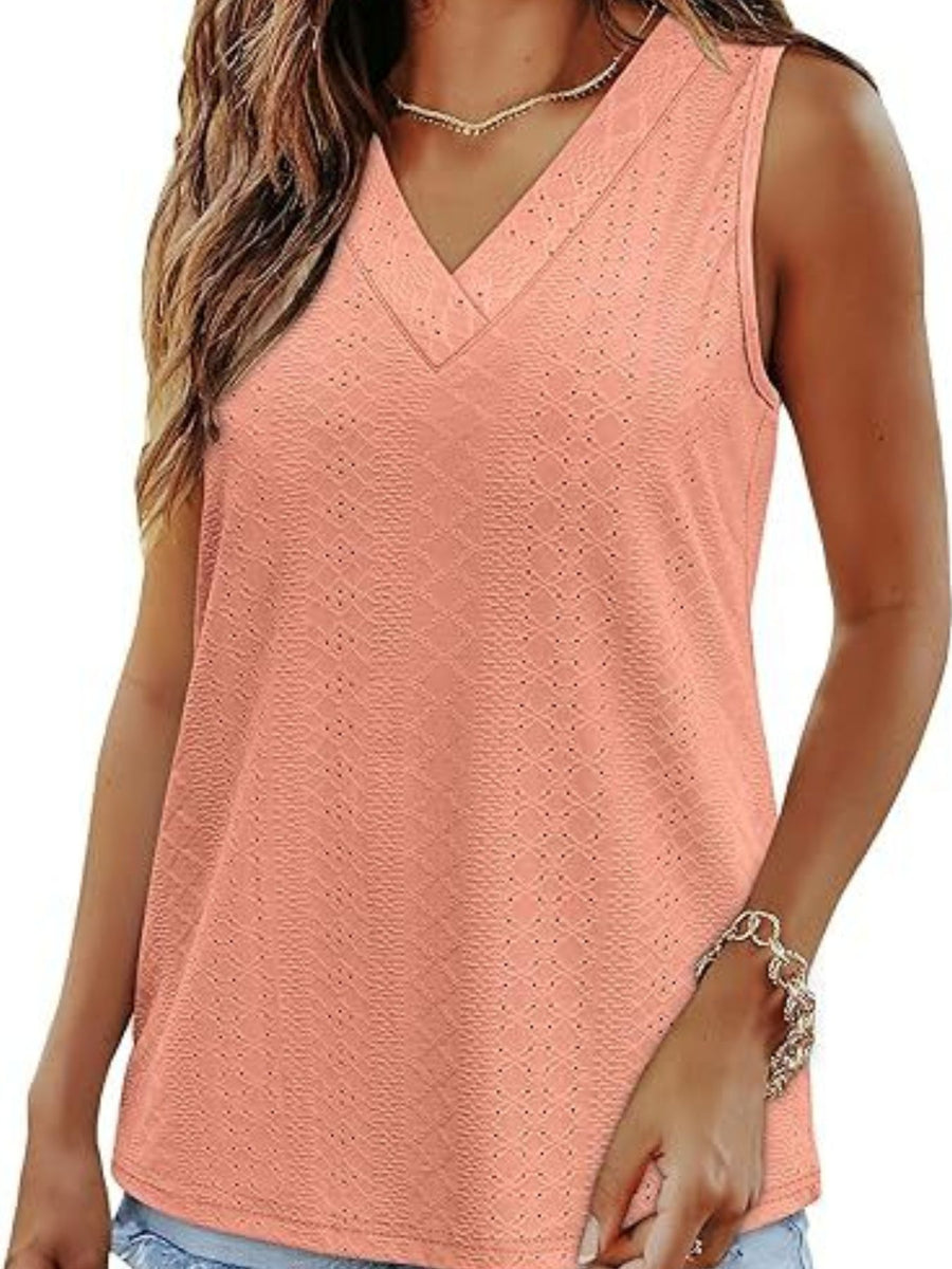 Sleeveless V-neck tank top in dusty pink with eyelet detail and textured pattern.