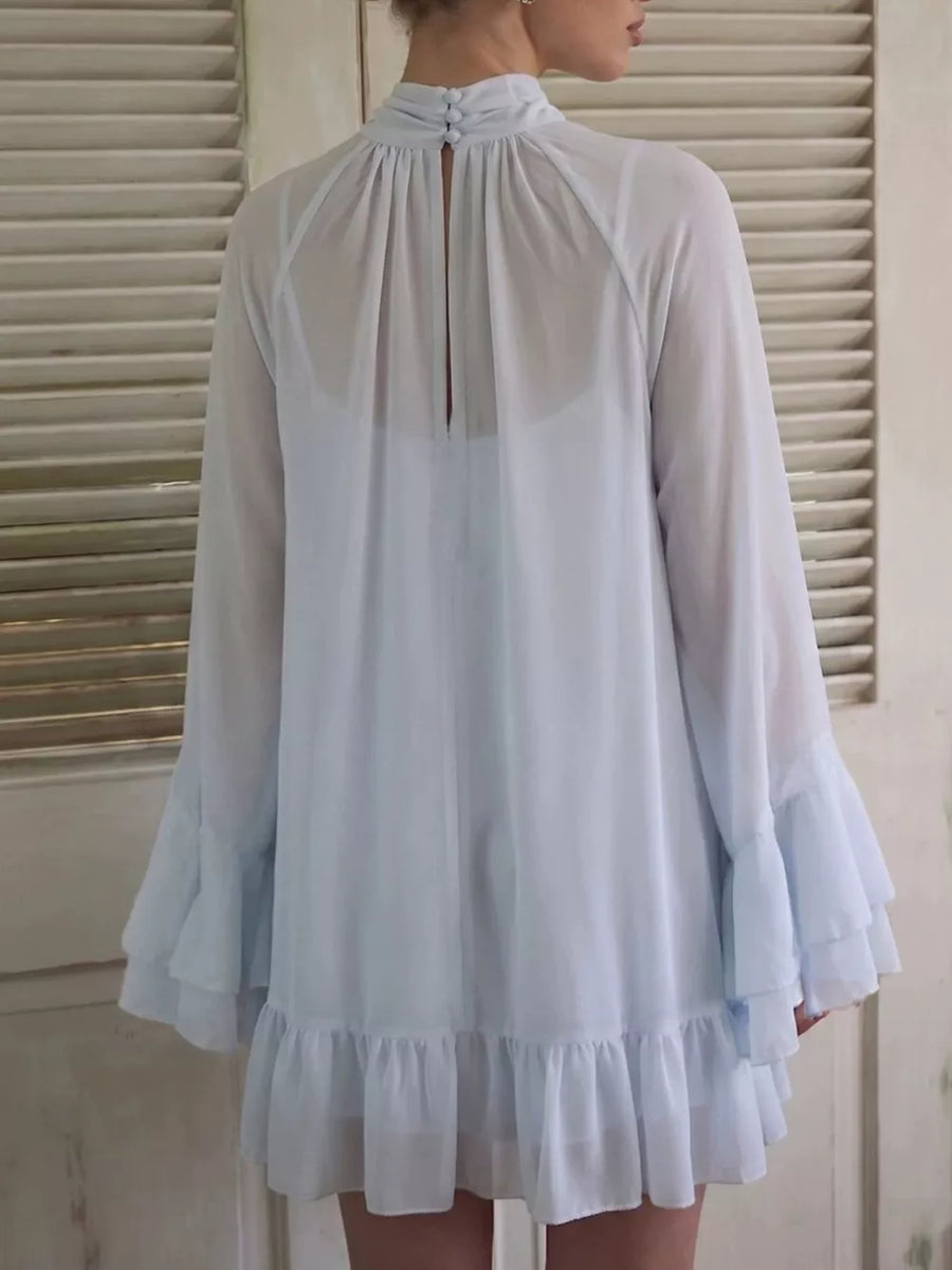 Sky Blue with Sheer Mock Neck Flare Sleeve Dress in Sky Blue