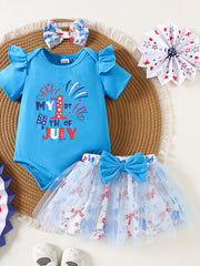 Blue cotton baby outfit with ruffled sleeves and "My 1st 4th of July" graphic, paired with a bow-adorned tutu skirt.