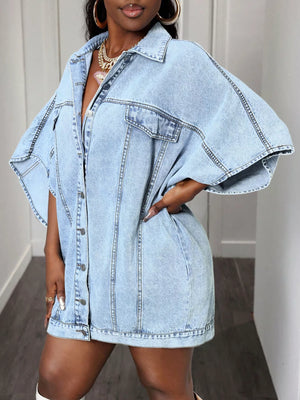 Sky blue oversized denim batwing top with button front and chest pockets.