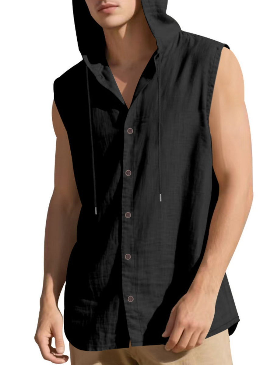 Black cotton hooded sleeveless buttoned men's shirt with drawstring
