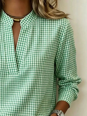 Light Green Full Size Plaid Notched Long Sleeve Blouse
