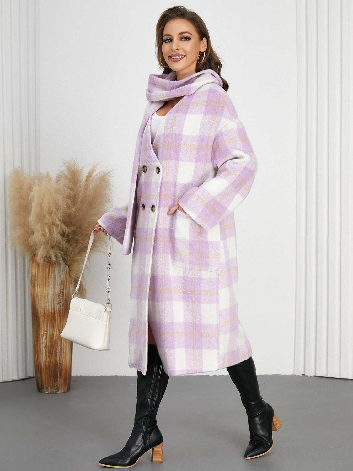 Pink purple plaid cocoon coat and scarf set with double breasted buttons and pockets.