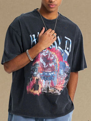 Black vintage graphic tee with distressed oversized fit and bold, fiery imagery.