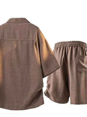 Men's Button-up Short Sleeve Shirt & Shorts Set in Black