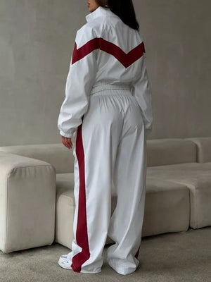 tan tracksuit set featuring elastic waist and color-block