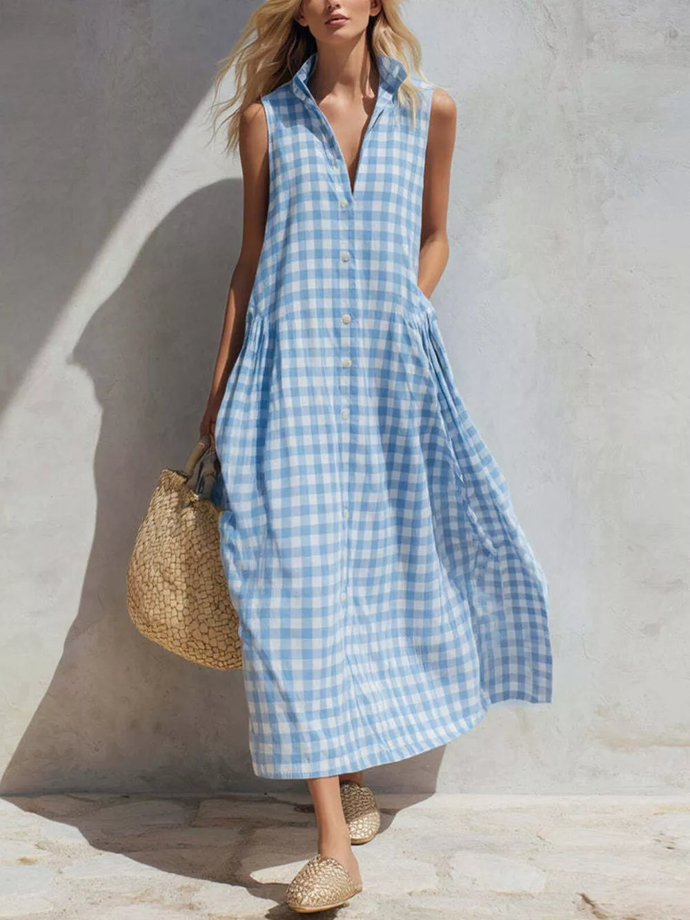 light blue midi dress with gingham and collared