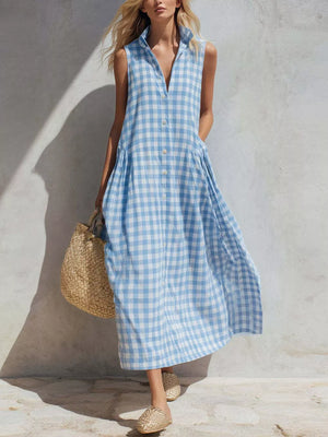 light blue midi dress with gingham and collared