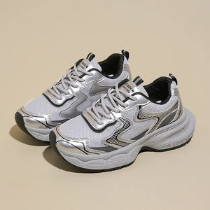 Silver metallic mesh chunky trainers with breathable athletic design