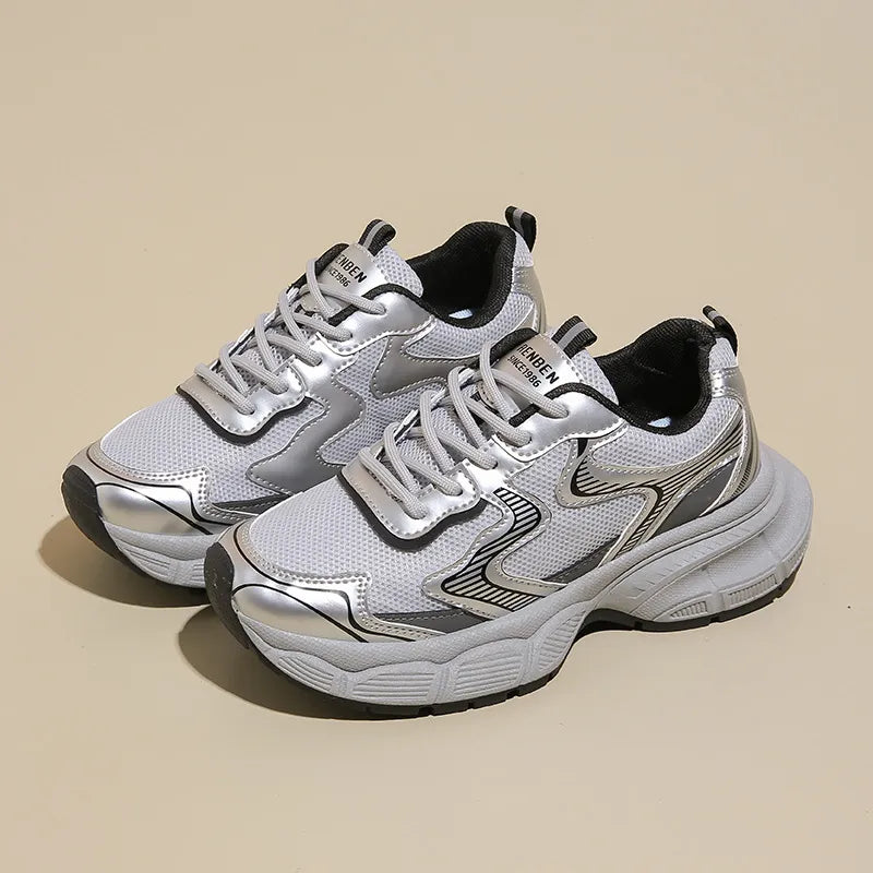 Silver metallic mesh chunky trainers with breathable athletic design