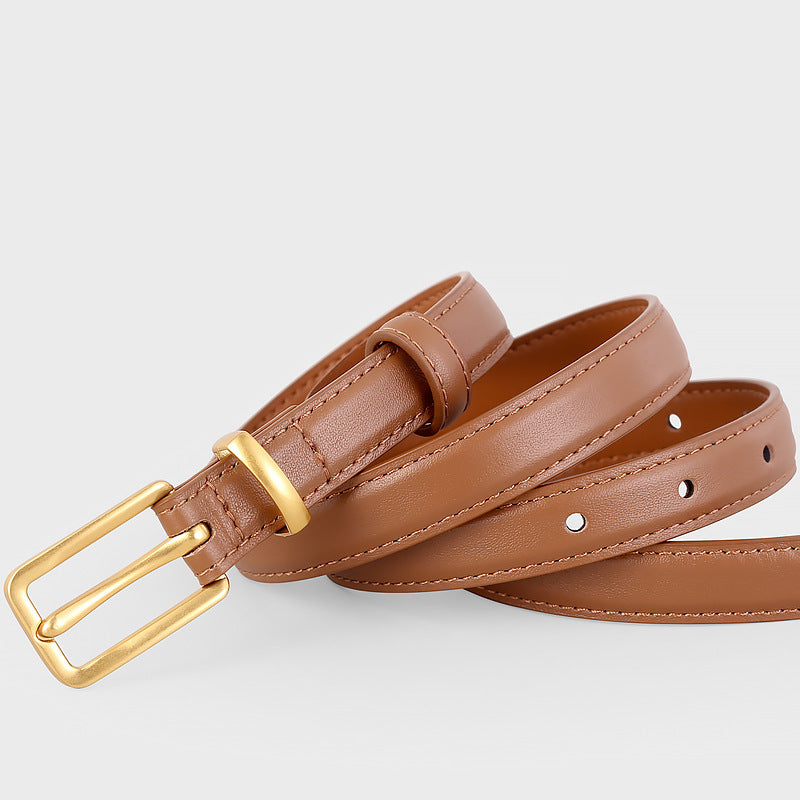 Brown cowhide leather skinny belt with gold buckle and adjustable holes