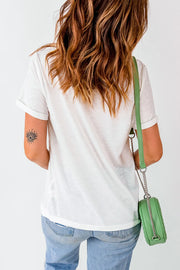 White cotton t-shirt with rolled sleeves and an eye tattoo on the arm.