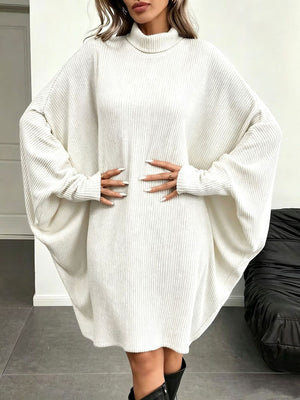 Oversized Batwing Sleeve Ribbed Knit Turtleneck Dress in White