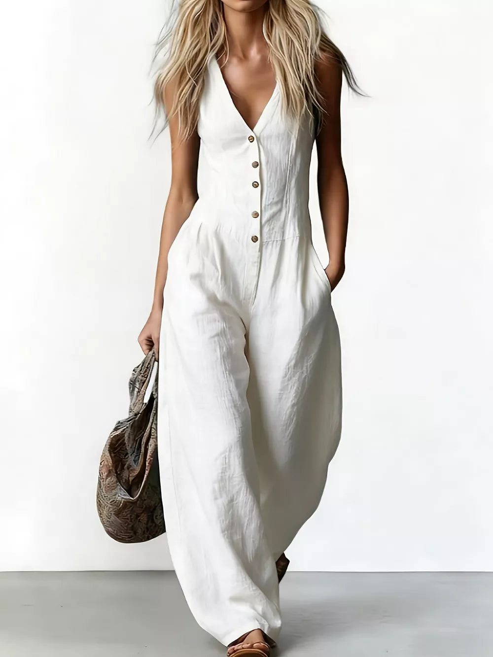 White V-neck Button-down Wide-leg Jumpsuit