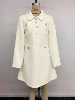 Peter Pan Collar Button-Front Tweed Mini Dress in Beige with decorative button