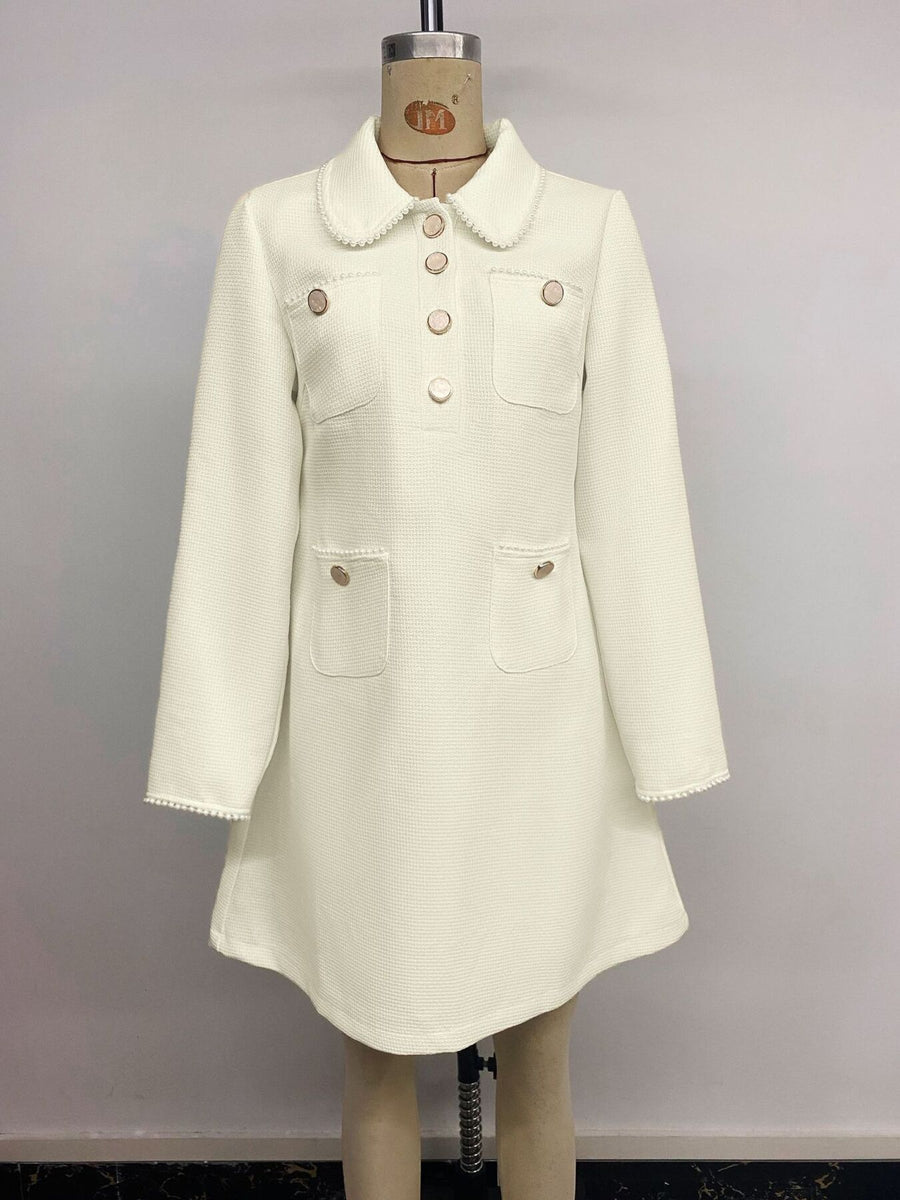Peter Pan Collar Button-Front Tweed Mini Dress in Beige with decorative button