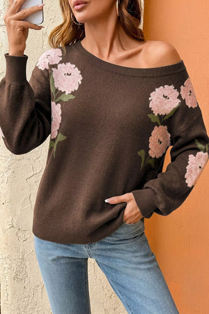 Dark Brown Floral Print Drop Shoulder Relaxed Sweater