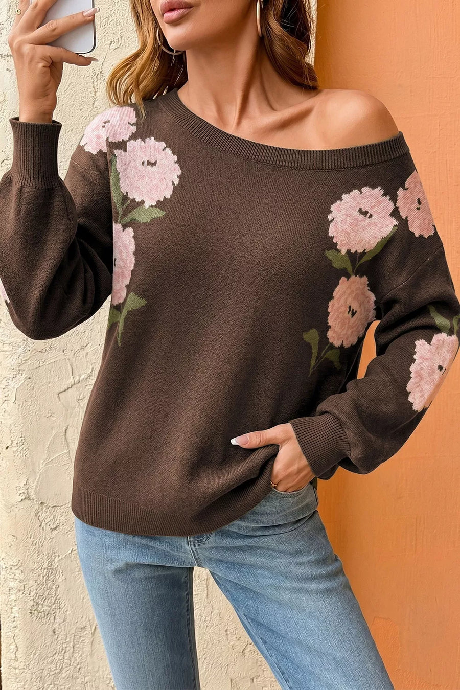 Dark Brown Floral Print Drop Shoulder Relaxed Sweater