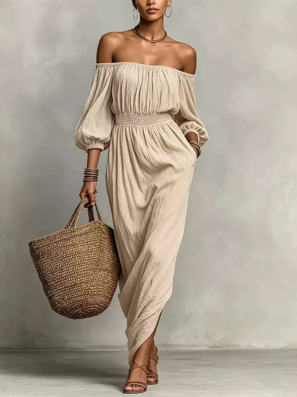 maxi dress in beige featuring pocketed and relaxed fit