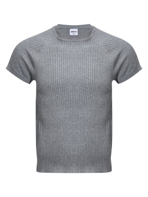 Crew-Neck Ribbed Slim Fit Knit Top in Dark Gray with ribbed