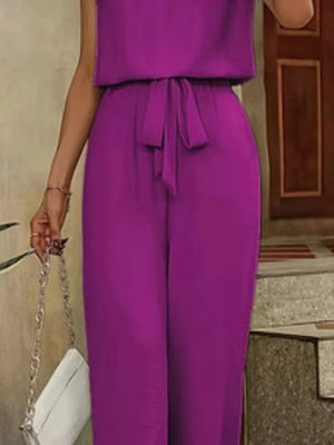 V-neck Sleeveless Tank And Wide-leg Pants Set in Army Green with side pockets