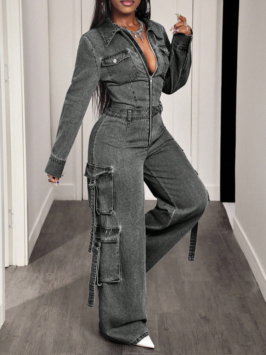 streetwear jumpsuit in charcoal with collared