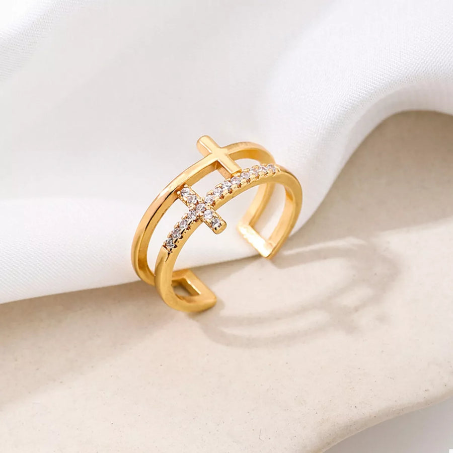 Golden rhinestone cross open ring with 18K gold plating
