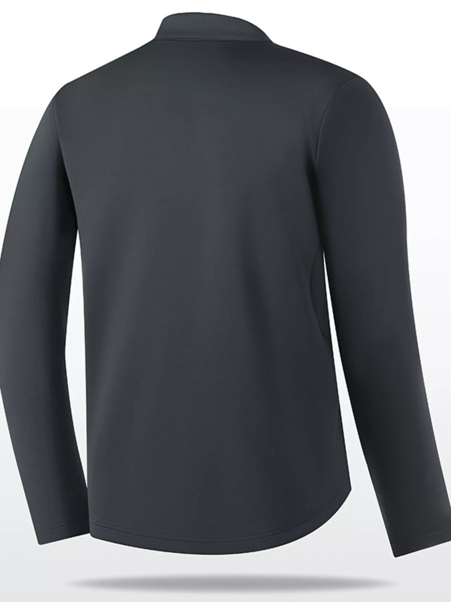 Plus-size black quarter-zip sweatshirt with long sleeves and a curved hem.