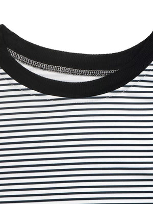 Black and white striped crew neck t-shirt with a black ribbed neckline.
