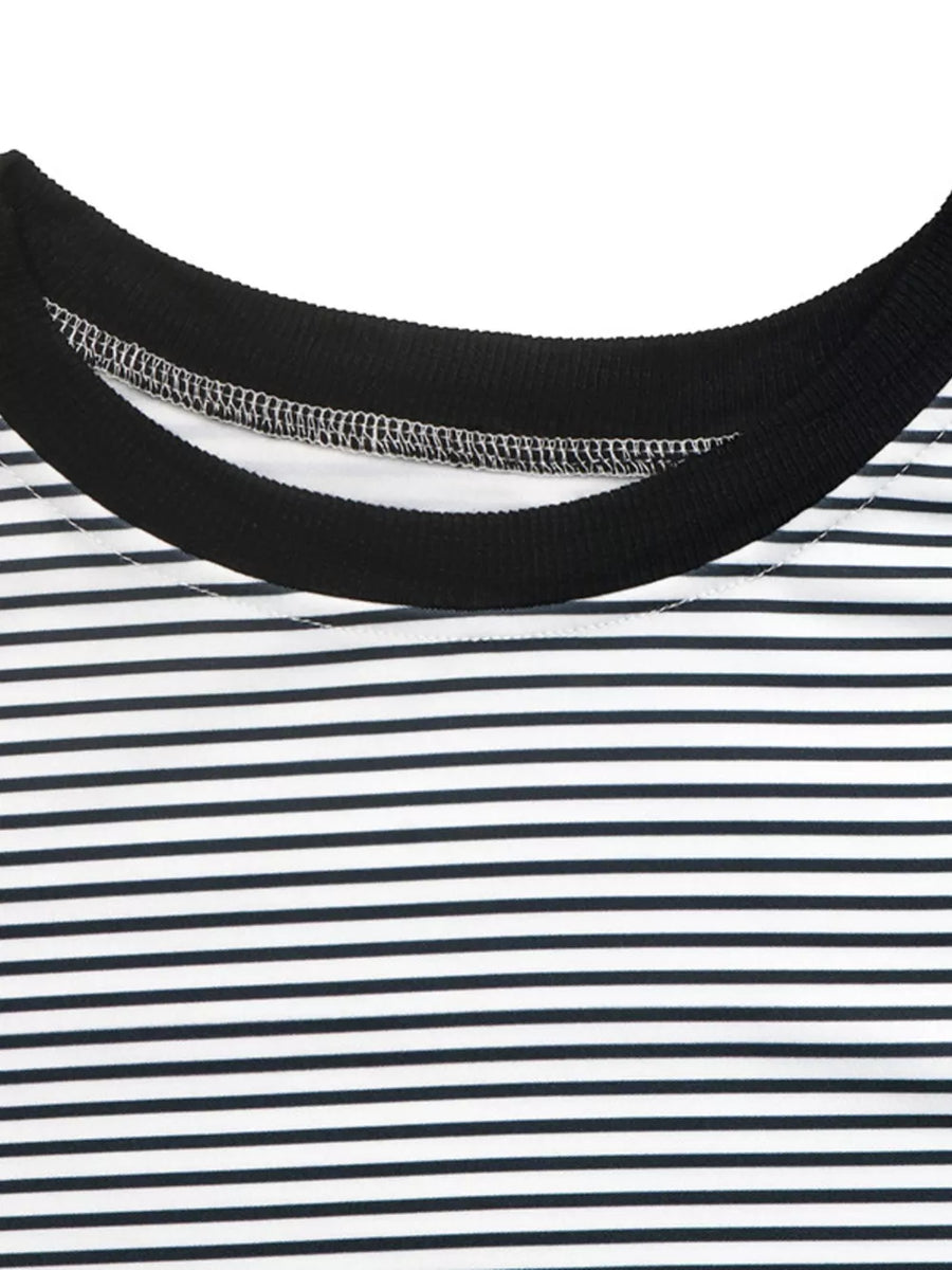 Black and white striped crew neck t-shirt with a black ribbed neckline.