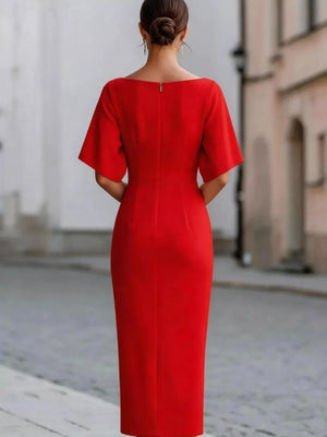 Red with Half Sleeve Boat Neck Midi Dress