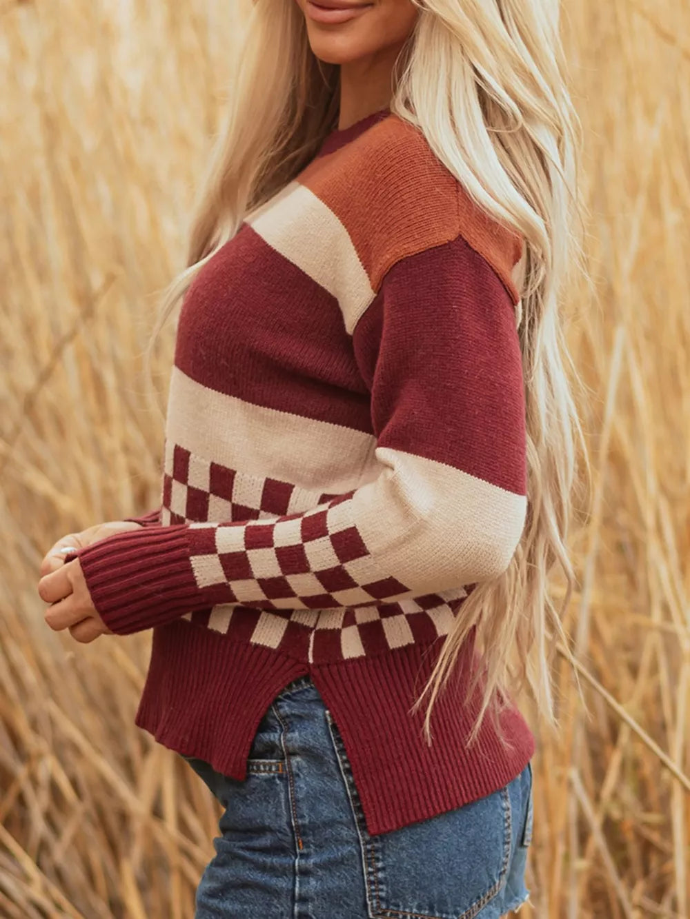 Multicolor pullover sweater with hip-length and pullover