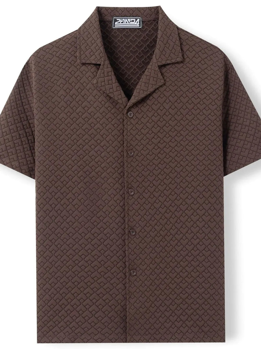 Textured quilted camp collar shirt in coffee brown with all-over geometric pattern.