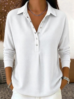 blush pink blouse with snap placket and long sleeve
