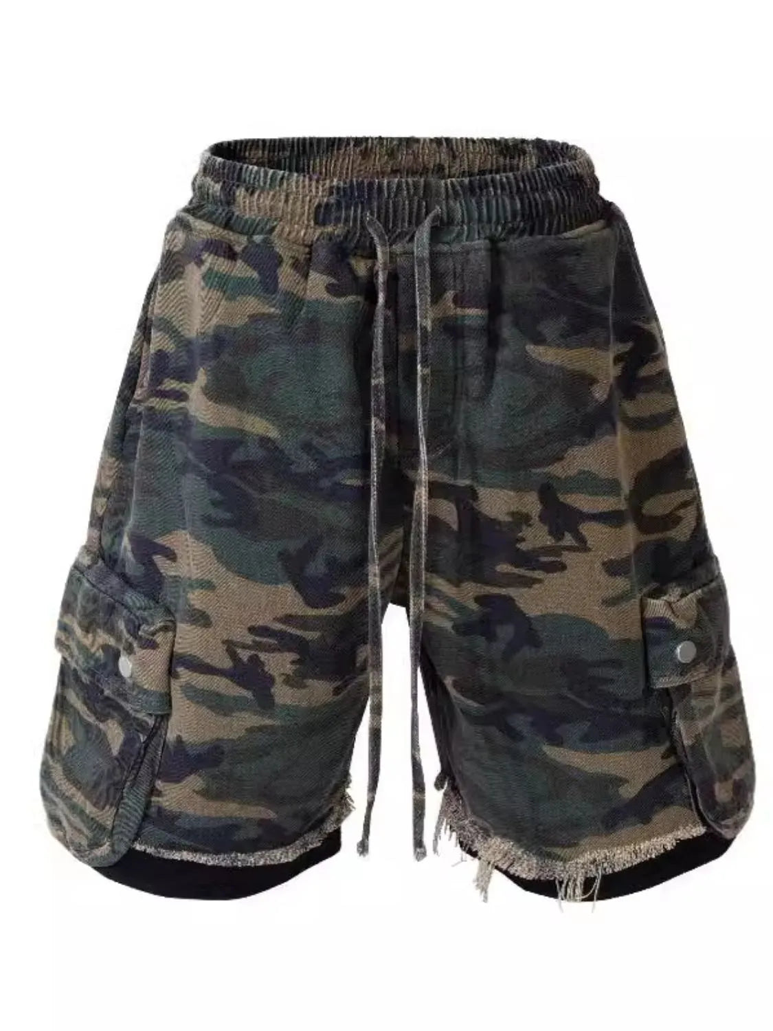 Camo cargo shorts with raw hem and drawstring waist.