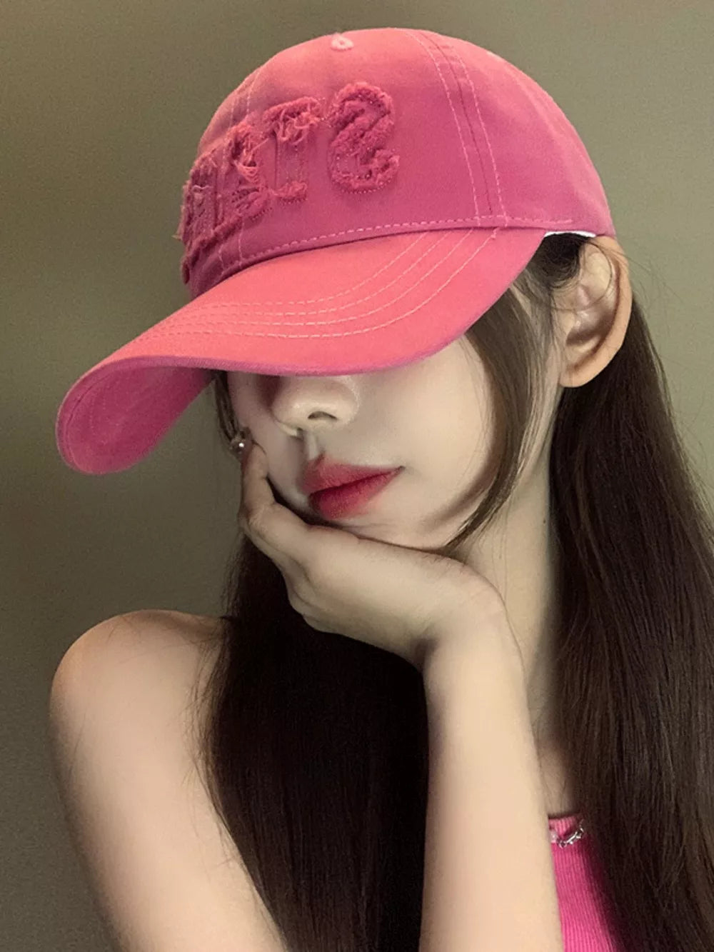 Rose Red distressed applique lettered baseball cap, cotton.