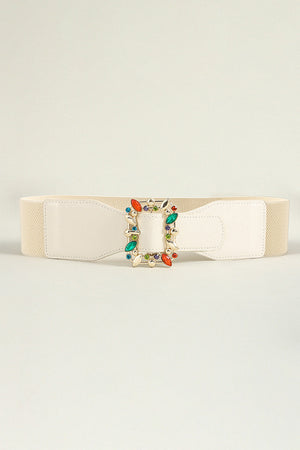 Ivory elasticated waist belt with jeweled buckle and colorful stones