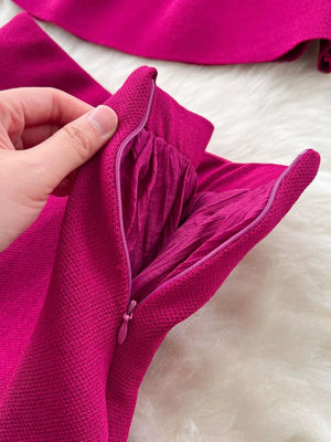 Sheer two-piece set in magenta with button details and a side zipper closure.