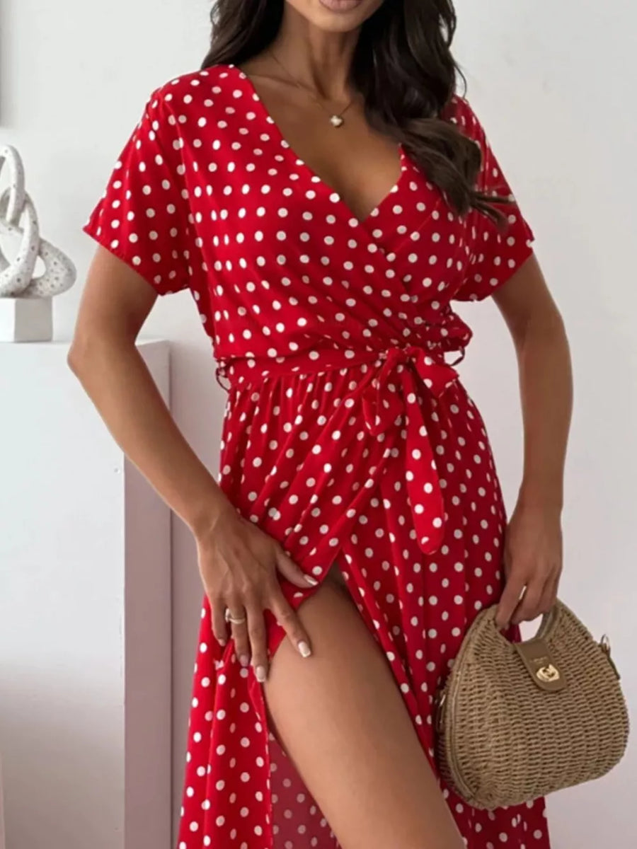 Polka Dot Surplice Maxi Dress With Slit in Dusty Pink