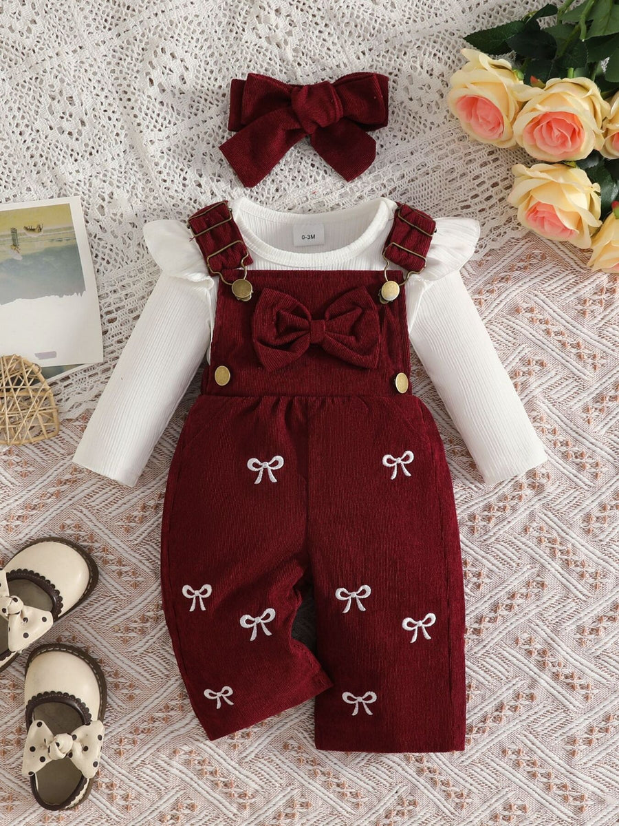Pink overalls with bow embroidery and long sleeve