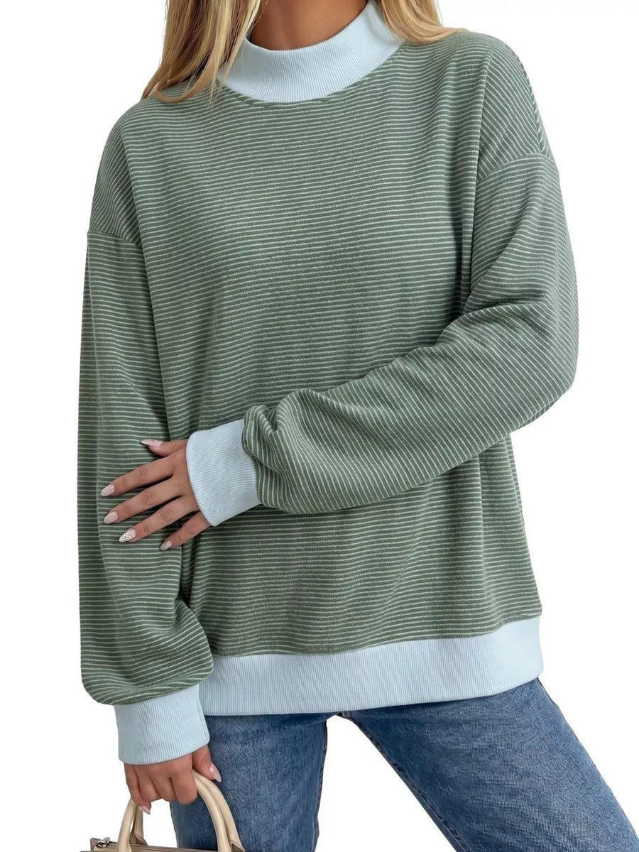 sage green sweatshirt with striped and mock neck