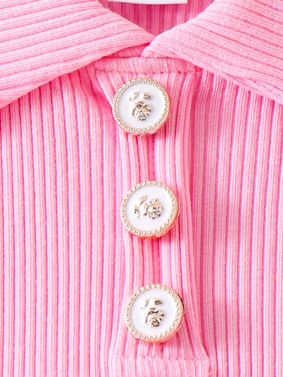 Pink Children's Ribbed Knit Polo Top & Scalloped Shorts Set